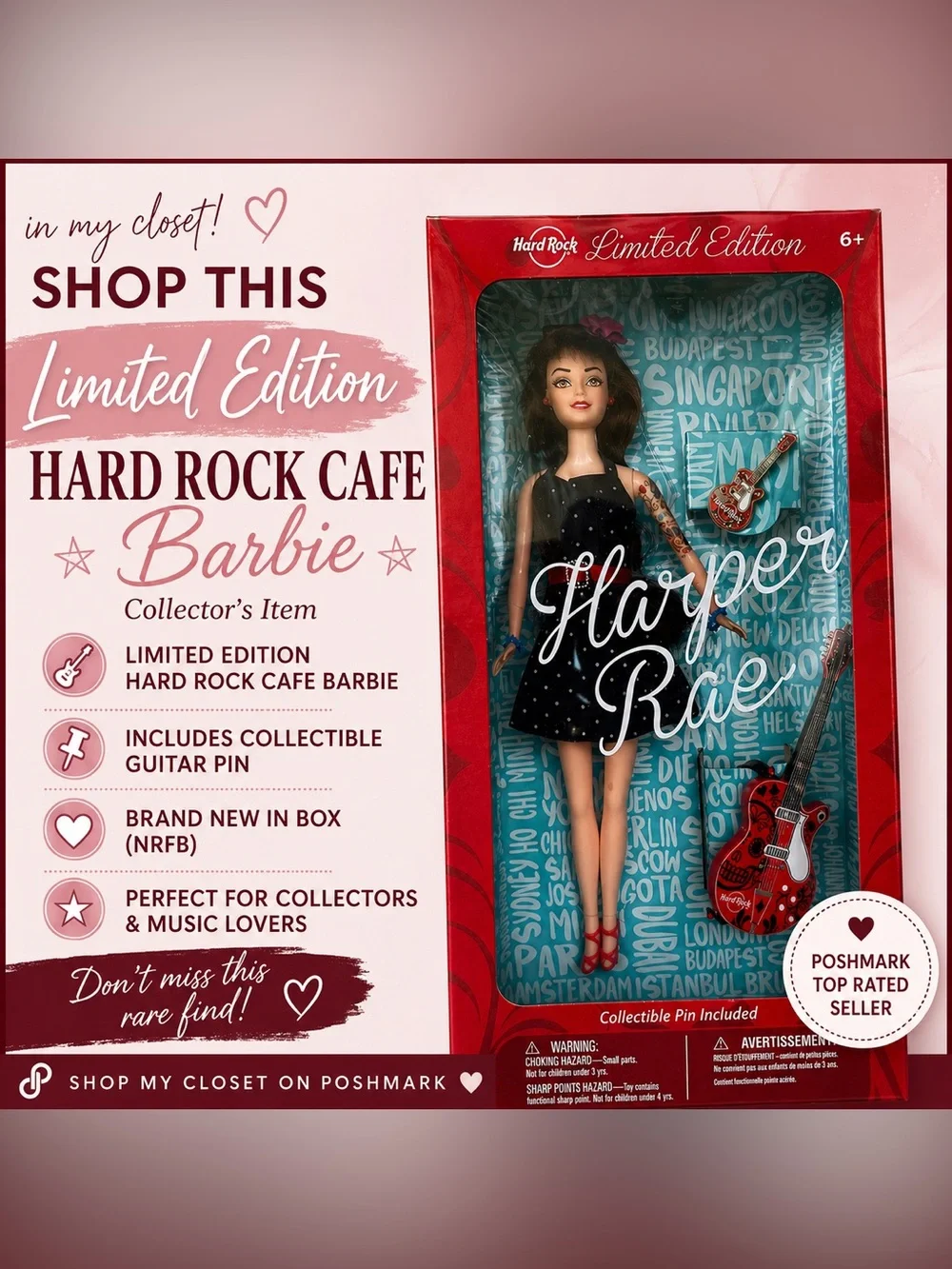 Hard Rock Cafe Limited Edition Barbie Doll NRFB w Guitar Pin - RARE FIND - Picture 2 of 5